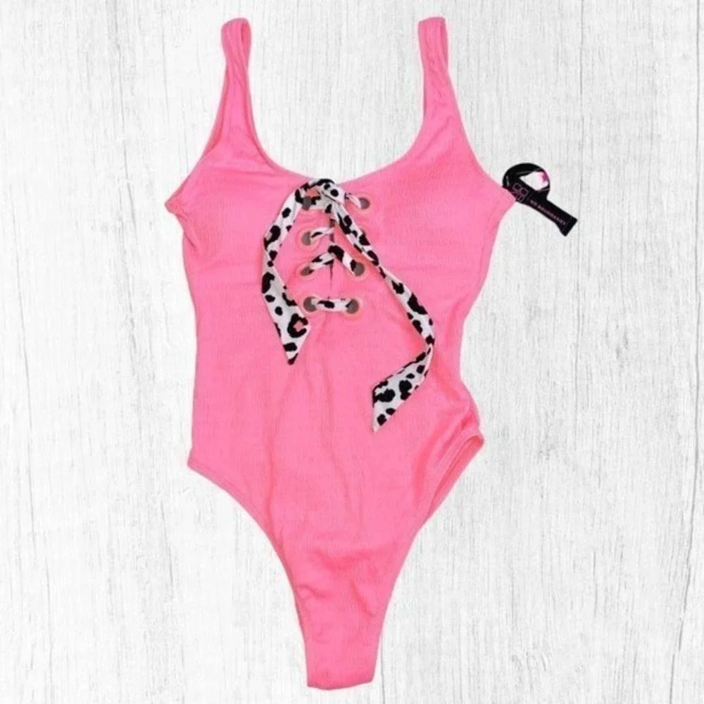 No Boundaries‎ Juniors Pink Lace-Up High Leg Swimsuit Size M 7-9 One Piece